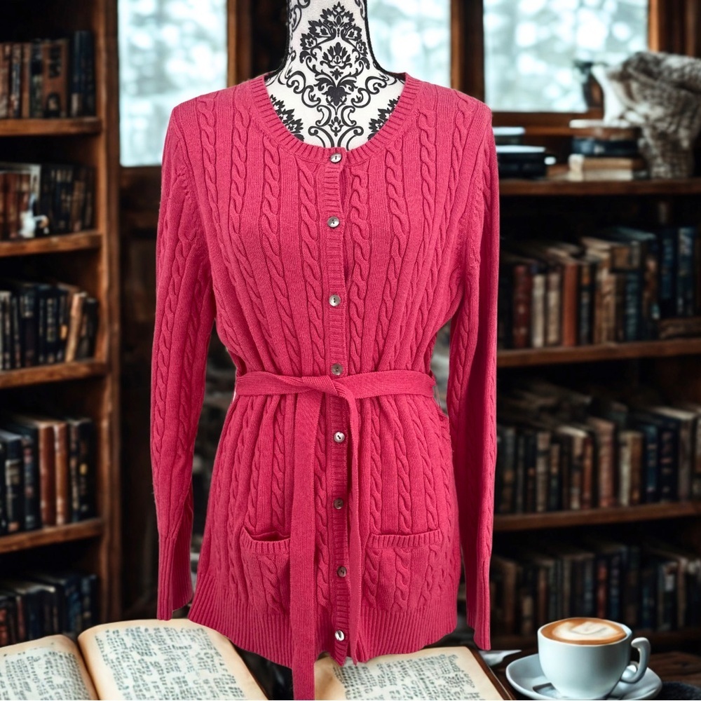 Eddie Bauer Preppy Pink Cable Cotton Blend Knit Sweater Wrap with Tie Waist